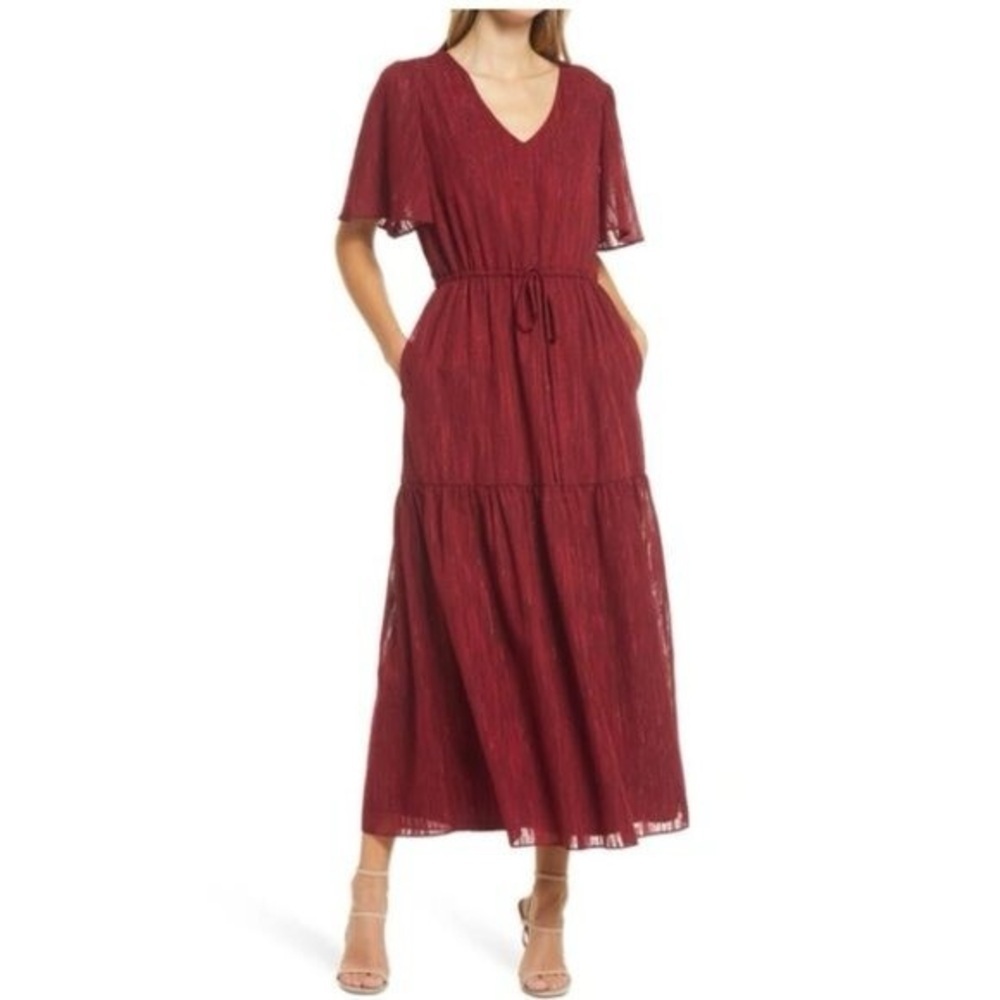 DONNA RICCO | Red Flutter Sleeve V-Neck Maxi Sundress